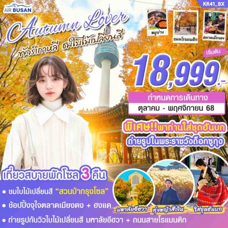 ทัวร์เกาหลี AKR08-05  AUTUMN LOVER พักโซล 3 คืน  บิน BX  KR41 (301168)
